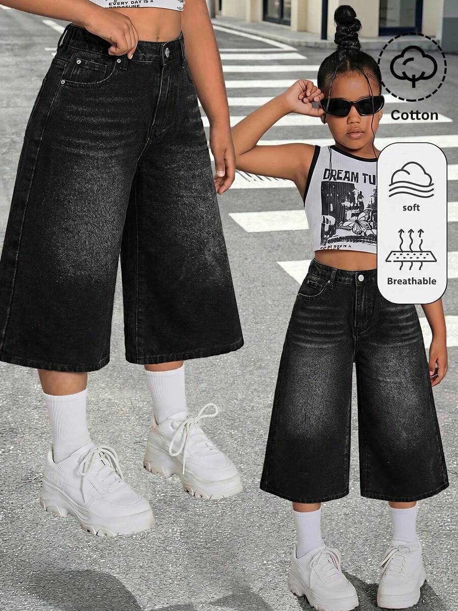 Tween Girl Casual Washed Loose Wide Leg Jeans