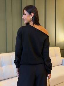 Yohana Edit Women's Asymmetrical Shoulder Vintage Rivet Decor Loose Pullover Knit Sweater,Black,Autumn Chic Night Out Fall Tops Long Sleeve Tops - Black - View 3