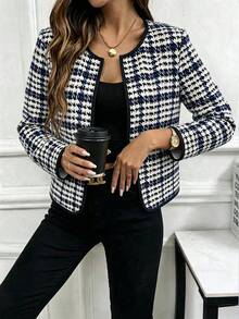 SHEIN LUNE Women's Round Neck Contrast Edge Houndstooth Print Minimalist Fashion Casual Jacket For Daily Wear, Party, Holiday - Multicolor - View 3
