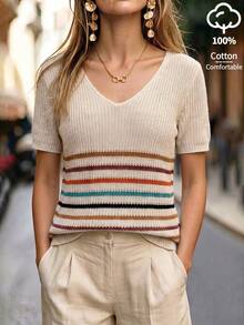 Isle Nomé Women's Casual Vacation Colorful Striped Knit Top, Spring/Summer - Apricot - View 3