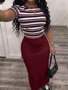 Slaydiva 2件組修身短袖圓領T恤與貼身長裙 - 彩色 - 查看 1