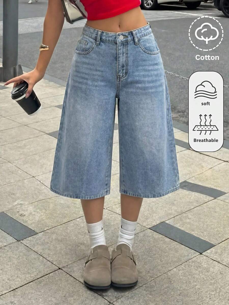 SHEIN 青少年女孩口袋鈕扣休閒百搭日常出遊牛仔長褲 - 中等水洗藍 - 查看 1