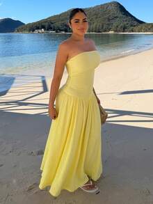 Maria Perezxox Women's New Cream Yellow Textured Knit Dress, Summer ,Summer Dress Elegant - Pale Yellow - View 4