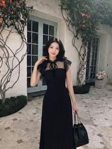SHEIN MOD Contrast Mesh Tie Neck Ruffle Trim Black Long Dress, Graduation Dress - Black - View 5