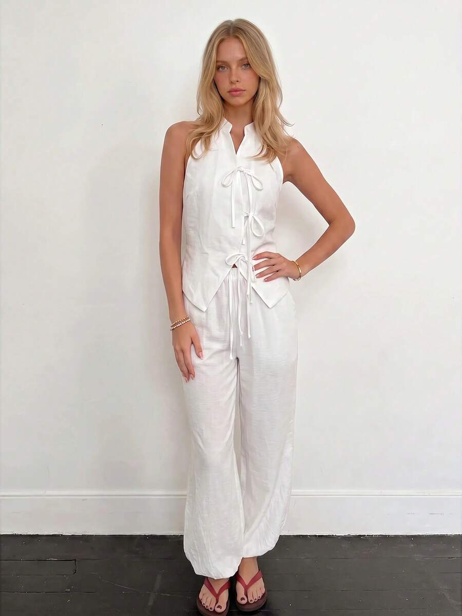 Sundraya Women's Solid Color Tie-Front Top And Pants Casual Daily 2 Pieces Set - White - View 1
