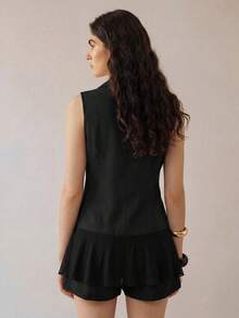 SHEIN Holidaya Women's Elegant Casual Sleeveless Deep V-Neck Waist-Cinching Vest With Mesh Hem Splice Design Blazer Top And Shorts 2 Pieces Set For Night Out Vacation - Black - View 2