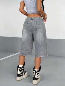StreetHx Celana Capri Denim Kaki Lebar Pinggang Rendah Bergaya Jalanan Retro Kasual Modis dengan Cetakan Huruf - Light Wash - View 2
