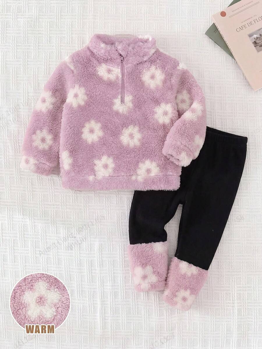 SHEIN Baby Girls Pink Fuzzy Jacket With Flower Pattern Half Zip Design For Fall Winter - Pink - View 1