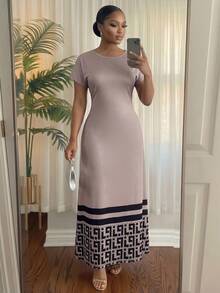 SHEIN Lady CURVE 大尺碼女款拼色休閒日常夏季旅行連身裙 - 卡其色 - 查看 4