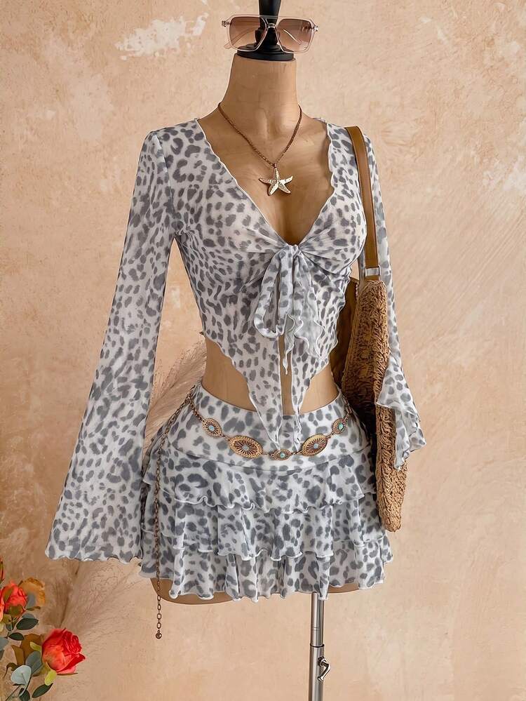 Soleia American Hot Girl Style Leopard Print Mesh Sheer V-Neck Tie Waist Multi-Layer Ruffle Flare Sleeve 2-Piece Set - Black and White - View 4