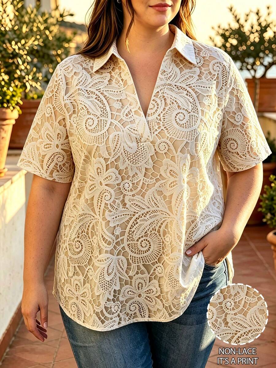Breezaya 女款大尺碼V領蕾絲印花短袖寬鬆休閒優雅襯衫女裝 米色 夏季 早午餐度假風