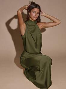 SHEIN BAE 秋冬性感極簡純色黃色奶油黃抹胸優雅無袖不對稱領晚禮服，女款超長魚尾裙，派對雞尾酒禮服，正式場合禮服，婚禮伴娘禮服，生日雞尾酒禮服，黃色緞面長裙 - 軍綠色 - 查看 5