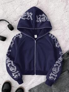 SHEIN 青少年女孩哥德風文字鑲鑽短版拉鍊連帽衛衣，秋冬長袖上衣，畢業穿搭，返校穿搭 - 藍色 - 查看 7