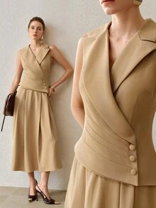 MOTF PREMIUM Vestido midi sin mangas de unicolor para ir al trabajo para mujer - Caqui - Ver 7