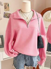 SHEIN Sparklyn 青少年女孩純色長袖拉鍊連帽衛衣，適合學校、外出、假期，保暖、秋季、加厚、復古休閒、街頭風、粉紅色 - 粉色 - 查看 5