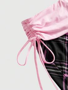 Mean Girls | ROMWE Plaid Print Plus Size Women's Side Tie Shorts - Pink - View 4
