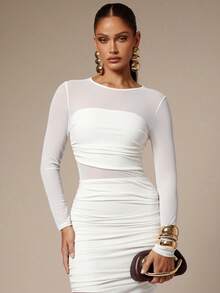 Silquee Women's Solid Color Pleated Mesh Patchwork Long Sleeve Dress,White Dresses For Women - White - View 3