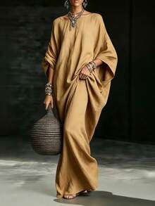 Everyssa Bohemian Style Relaxed Lazy Linen Batwing Sleeve Robe Vacation Style Long Dress - Khaki - View 8