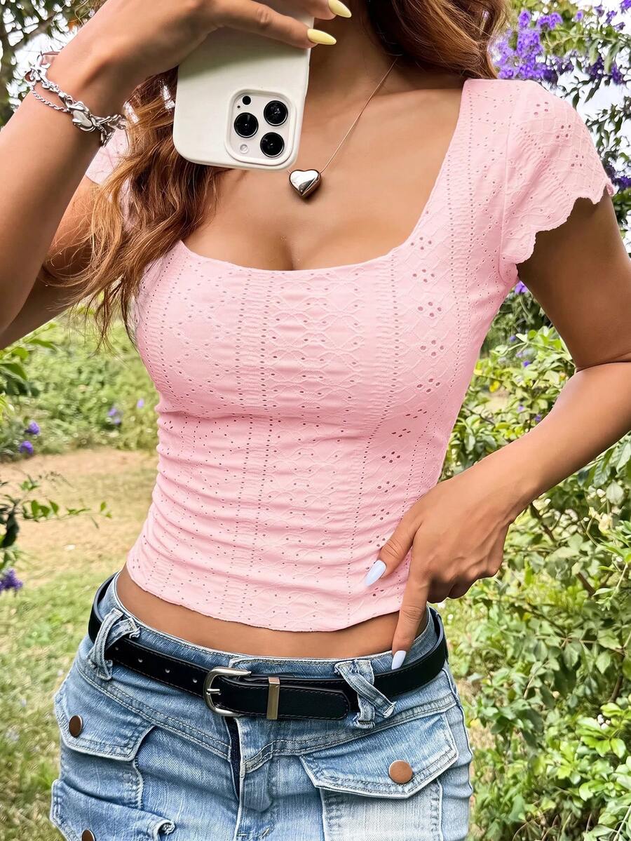 SHEIN EZwear 打眼刺繡白色針織修身女T恤 - 粉色 - 查看 1