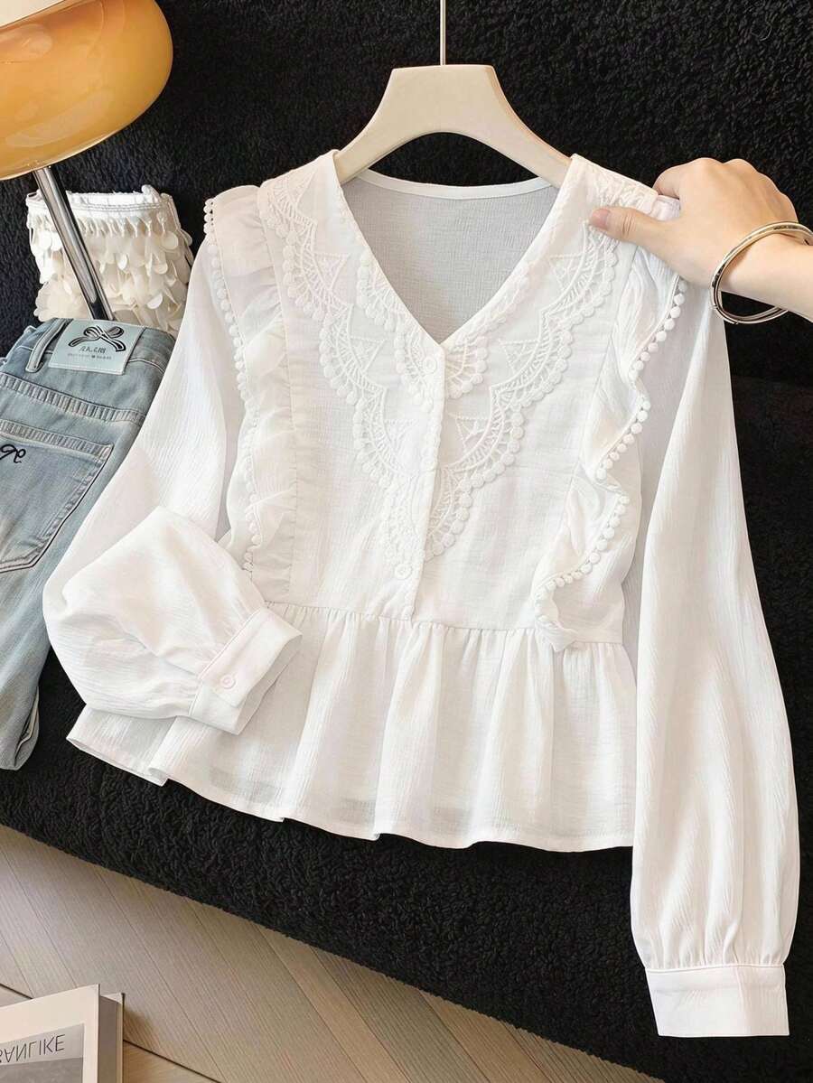 SHEIN Tween Girl Blouses Spring Autumn Winter New Woven White Casual Sweet Lady Solid Color Lace Patchwork Ruffle Long Sleeve Shirt, Doll Style Shirt, Back To School Season, Fashion Versatile - White - View 1