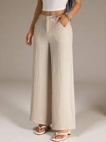 SHEIN PETITE 100% Washed Cotton Low Waist Straight Pants - Apricot - View 5