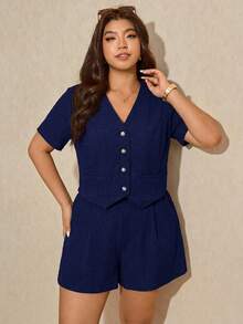 Elaquor Plus Size Women's Solid Color Single-Breasted Short Sleeve Shirt And Shorts Casual 2-Piece Set - Navy Blue - View 4