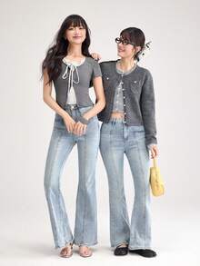 DAZY Celana Jeans Wanita Gaya Korea Model Flare dengan Detail Sobek Ukuran Petite - Biru - View 8