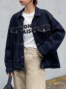 FRIFUL Jaket Denim Lengan Panjang Kancing Tunggal dengan Dua Saku, Serbaguna, untuk Wanita, Cocok untuk Musim Gugur. - Biru - View 3