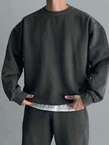 DAZY Spring/Autumn Short Long Sleeve Ribbed Hem & Cuff Design Grey Knit Pullover Sweatshirt For Men - Grey - View 3