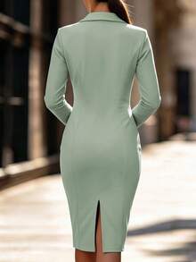 Balvessa Women's Collared Metal Button Fitted Bodycon Midi Dress - Mint Green - View 2