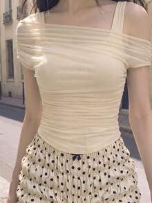 SHEIN MOD Áo ba lỗ màu trơn có lưới Sheer Apricot cho nữ - Màu be - Xem 4