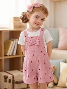 Young Girl Corduroy  Heart Print Bow Decor Jumpsuit Back To School - Baby Pink - View 5