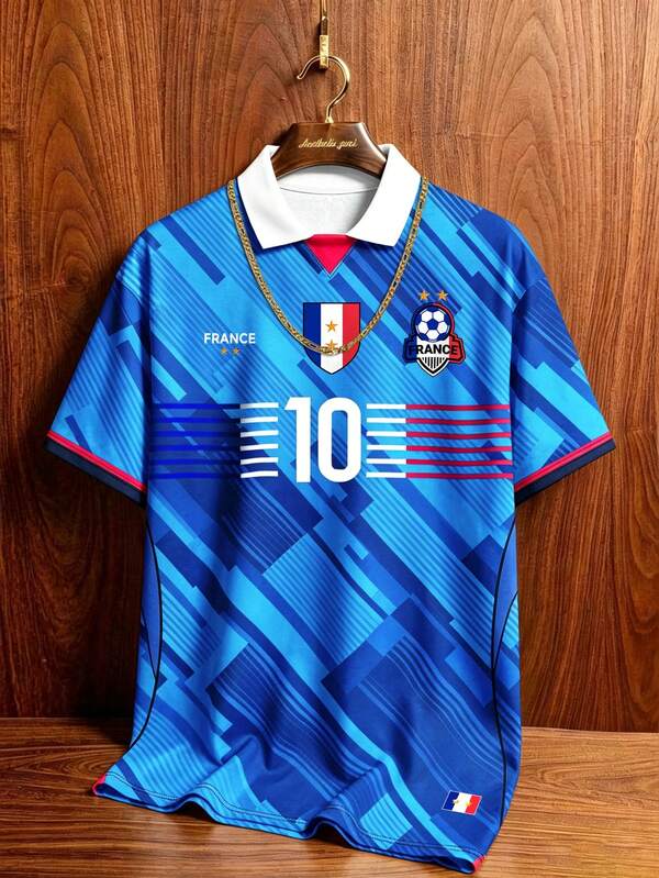 Aesthetic Post American Retro Deep Blue Diagonal Stripe Dark Pattern French Team Style Letter Badge Print Short Sleeve Jersey Top, Street Casual Polo Shirt With Collar, Men's And Women's Graphic T-Shirt, Men's Summer Fashion Travel Sports Shirt, Football, Football Equipment