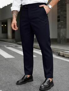 Manfinity Mode Men's Plus Size Solid Color Straight Leg Business Travel Trousers With Pockets - Navy Blue - View 4