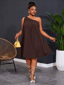 Slaydiva Plus Size Women's One Shoulder Sleeveless Solid Color Wide Leg Dress - Rust Brown - View 6