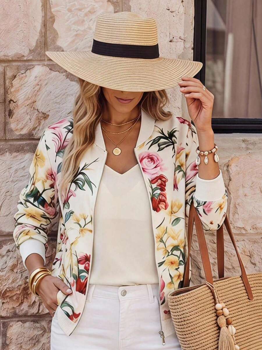 EMERY ROSE Women's Casual Commuter Floral Print Zip-Up Jacket - Multicolor - View 1