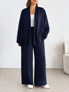SHEIN Essnce 大尺碼女款純色落肩長袖開襟針織外套與寬腿褲休閒兩件套 秋季 - 藏蓝色 - 查看 6