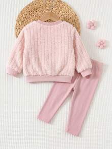 SHEIN 女嬰毛絨刺繡運動衫與休閒居家秋冬長褲套裝 - 粉色 - 查看 5