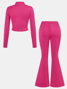 SHEIN Girlism NovaGlow 青少年女孩運動休閒日常針織素色開襟外套與喇叭褲套裝 - 玫紅色 - 查看 5