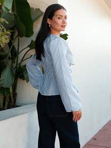 Nelanie Turli 休闲条纹系腰喇叭袖衬衫，适合工作，秋季 - 藍色 - 查看 4