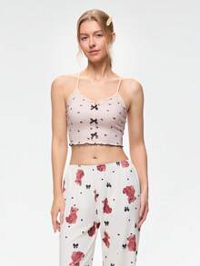 Bonmuse Heart Print Lettuce Trim Bow Front Cami Pajama Sleep Topfor Summer - Apricot - View 1