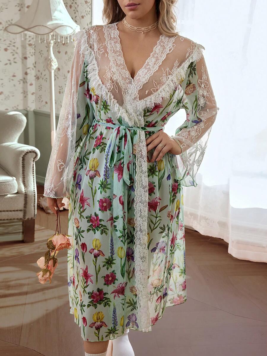 CottageSlumber Mature Style Fresh Floral Mesh Contrast Lace Sexy Plus Size Women Long Nightgown - Multicolor - View 1