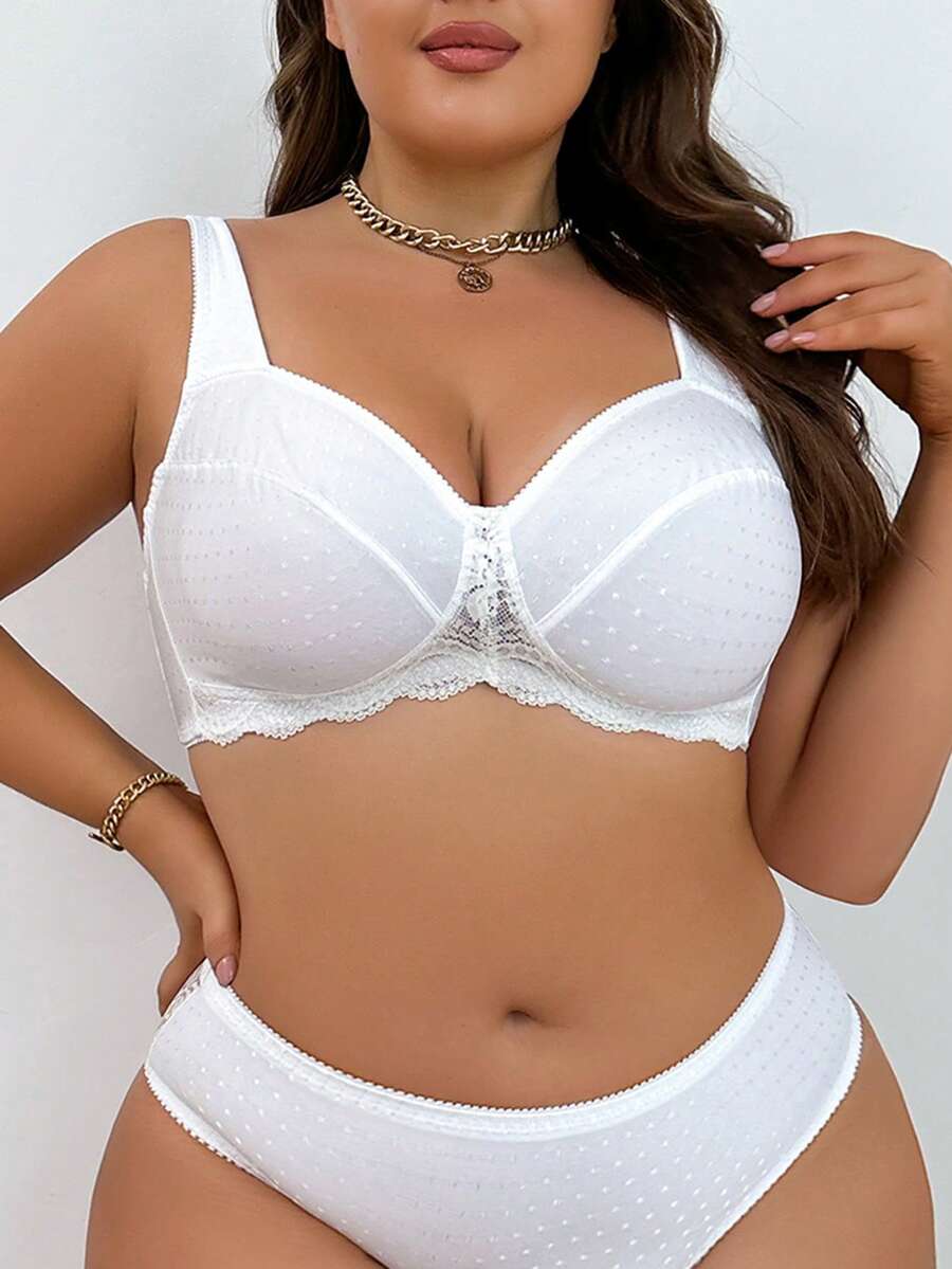SHEIN 1 buah Bra Tanpa Kawat Bertekstur Patchwork Renda Ukuran Plus - Putih - View 1