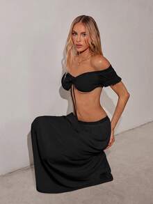 SHEIN ICON 女款性感街頭風蕾絲拼接綁帶短版背心與長裙兩件套 - 黑色 - 查看 6