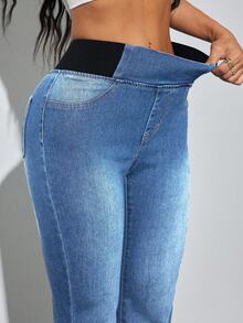 SHEIN PETITE Women's Colorblock Elastic Waist Casual Versatile Flare Jeans - Medium Wash - View 7