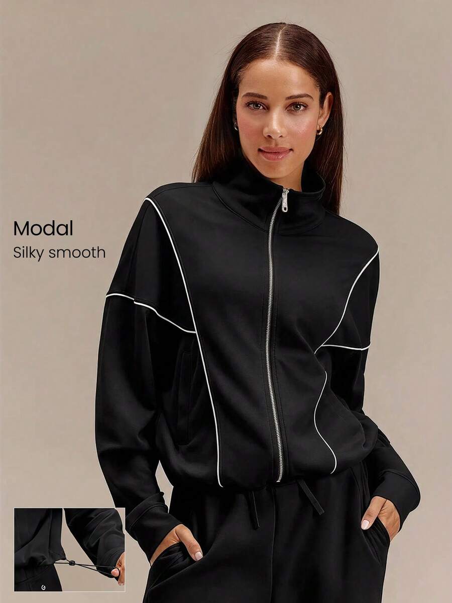 GLOWMODE SoftCalm Modal Keep It Cozy 寬鬆拉鍊夾克,可調式抽繩下擺,對比設計,日常休閒夏季穿著 - 黑色 - 查看 1