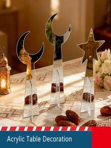 Set 3 Buah Dekorasi Meja Ramadan Desain Bintang dan Bulan Dekorasi Rumah Timur Tengah Hiasan Tengah Meja untuk Pesta Idul Fitri, Buka Puasa, Resepsi, Perayaan, Hadiah - warna-warni - View 5