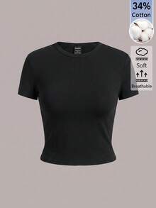 SHEIN BASICS 女款純色休閒圓領短袖短版T恤上衣 白色上衣 - 黑色 - 查看 1