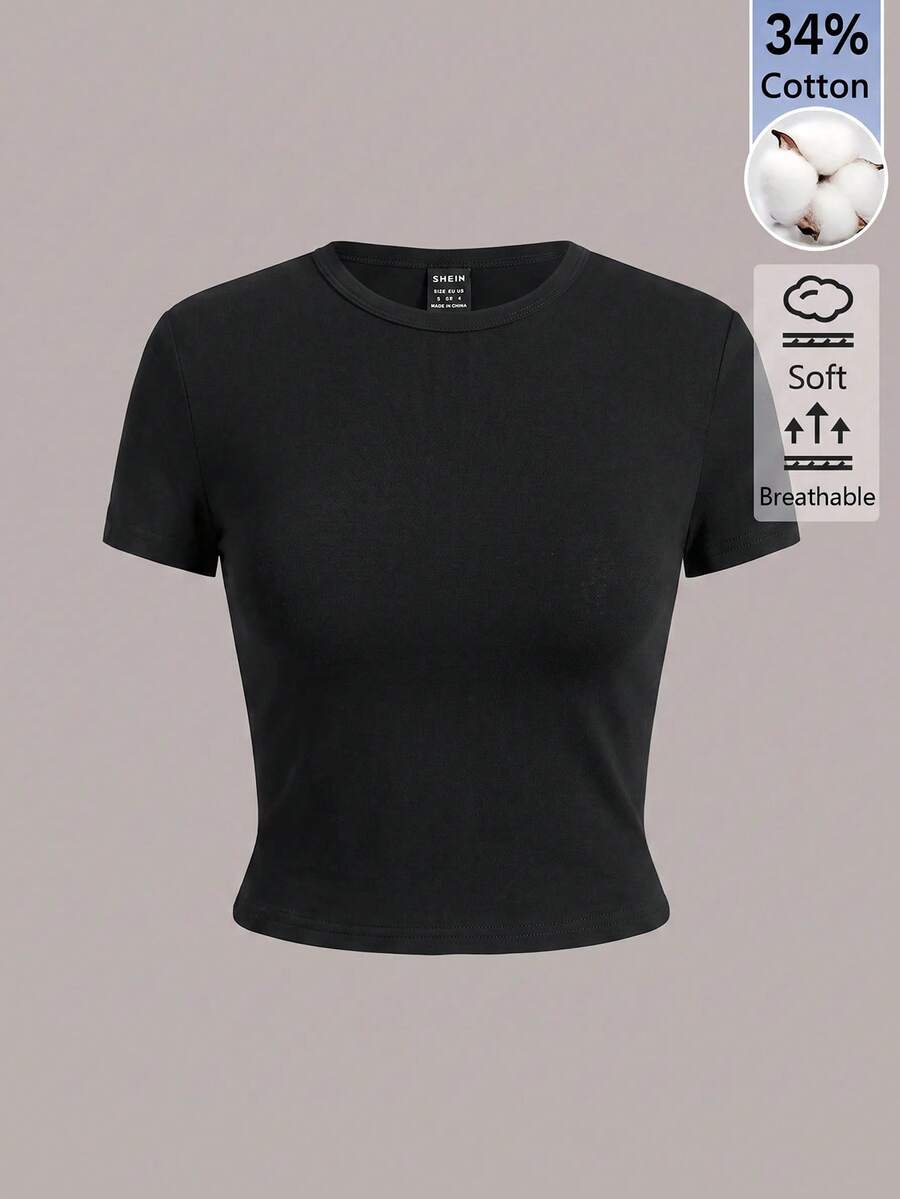 SHEIN BASICS 女款純色休閒圓領短袖短版T恤上衣 白色上衣 - 黑色 - 查看 1