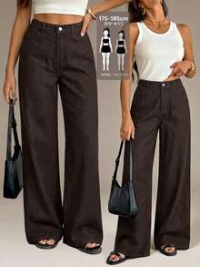 SHEIN Tall TALL 女款休閒水洗寬腿牛仔褲 秋季休閒外出穿搭 - 棕色 - 查看 1